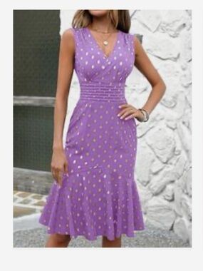 SHEIN Purple Sleeveless V-Neck Polka Dot Midi Dress